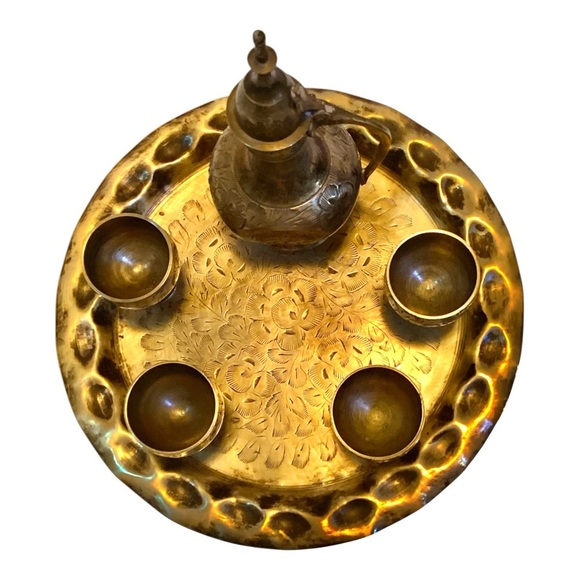 Vintage Brass Tea Set, Four Goblets, Numbered Abdullah Tray Etched Floral - Picture 7 of 9